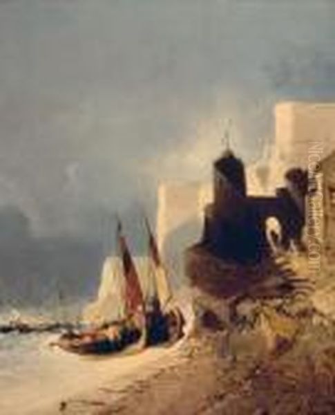 Bateau Mediterraneen Echoue Pres D'une Cote Orientale, Circa 1870 Oil Painting by Eugene Deshayes