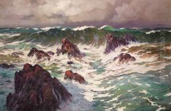 Vague Sur Les Rochers, Circa 1890 Oil Painting by Eugene Deshayes