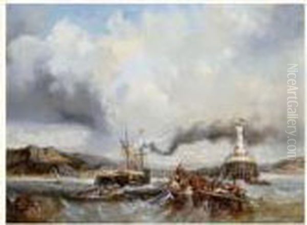 Pecheurs A Bord D'un Canot Et Paquebot Entrant Dans Un Port Du Nord De La France Oil Painting by Eugene Deshayes