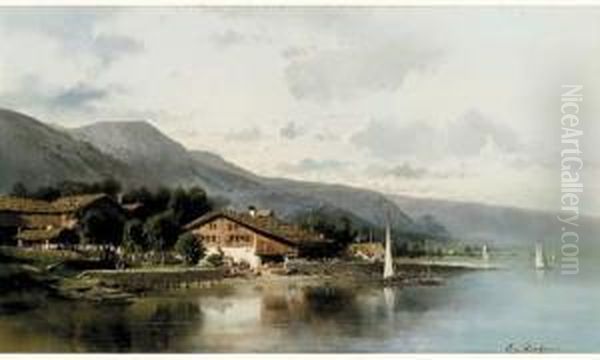 Chalet Sur Le Lac Suisse Oil Painting by Eugene Deshayes