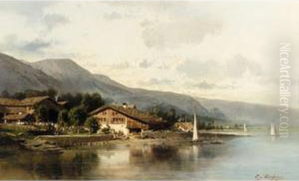 Chalet By A Lake Oil Painting by Eugene Deshayes