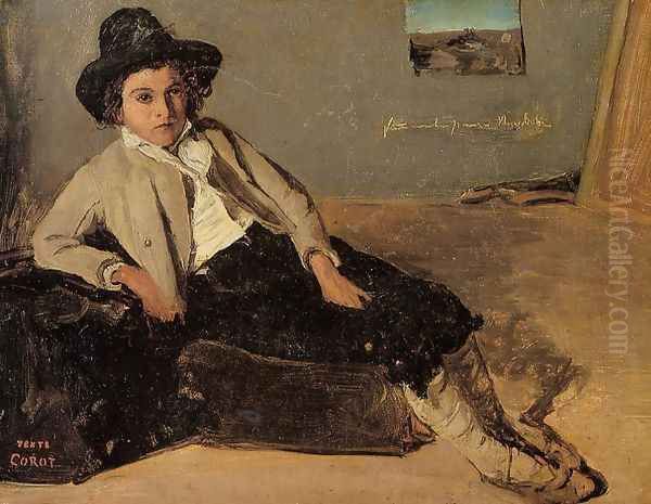 Italian Youth Sitting in Corot's Room in Room Oil Painting by Jean-Baptiste-Camille Corot