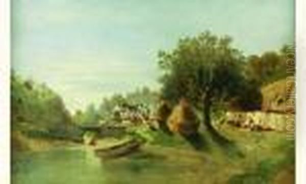 Vue Fantaisiste D'un Village Au Bord D'une Riviere Oil Painting by Eugene Deshayes