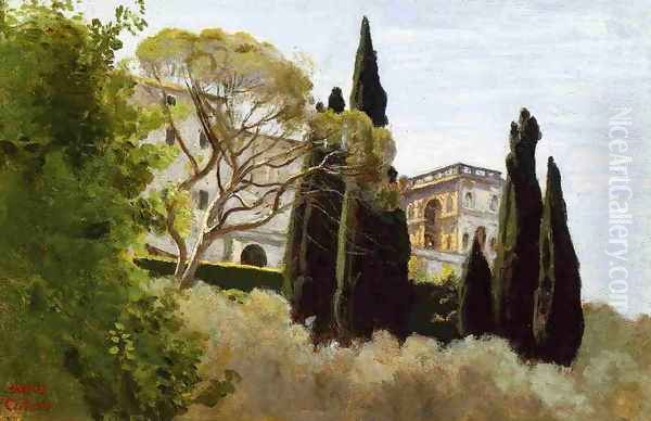 The Facade of the Villa d'Este at Tivoli, View from the Gardens Oil Painting by Jean-Baptiste-Camille Corot