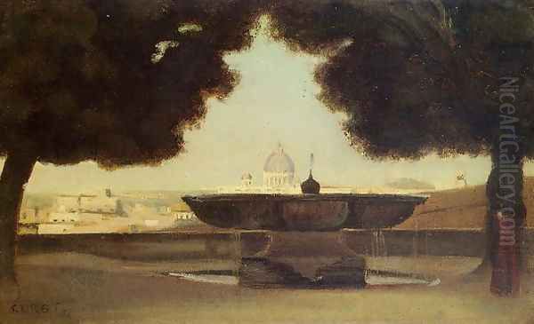 Rome - The Fountain of the Academie de France Oil Painting by Jean-Baptiste-Camille Corot