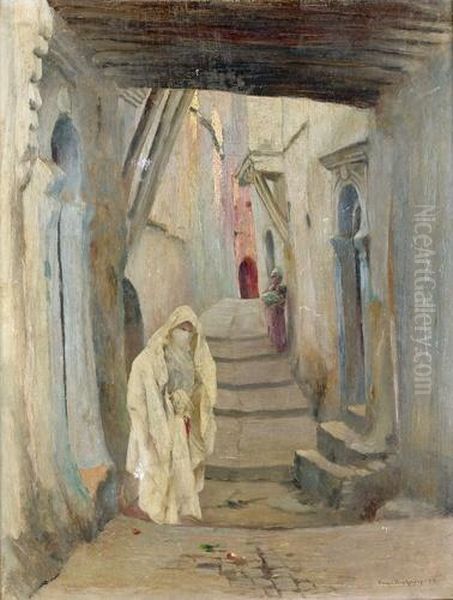 Rue Heliopolis In Der Casbah Von Algier. Oil Painting by Eugene Francois Deshayes