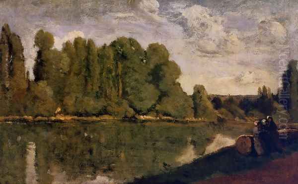 The Rhone - Three Women on the Riverbank Seated on a Tree Trunk Oil Painting by Jean-Baptiste-Camille Corot