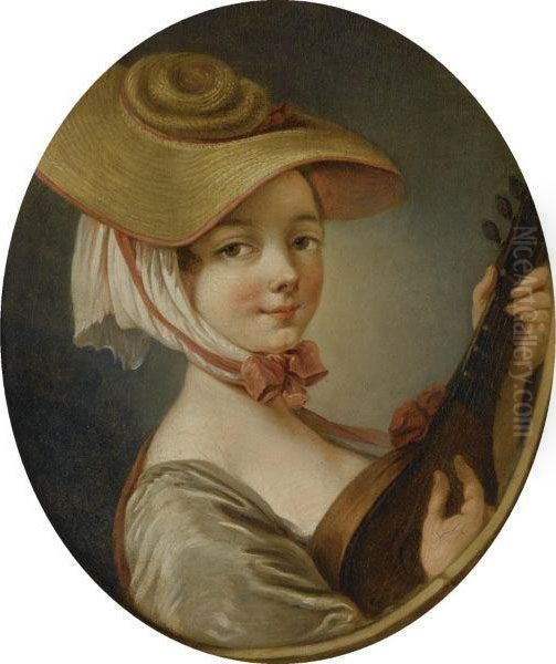 Woman With A Lute Oil Painting by Jean-baptiste Deshays