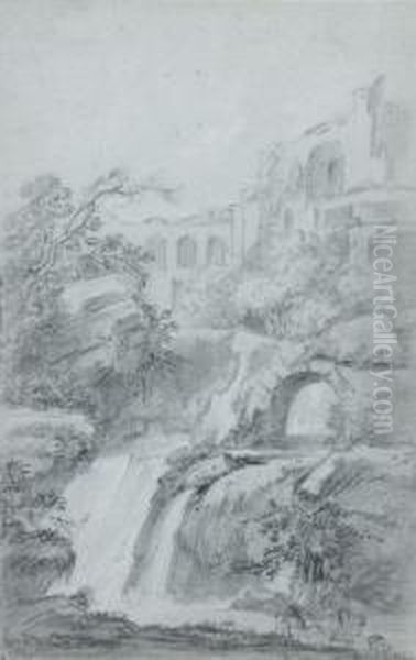 Ruines Antiques Dominant Une Cascade Oil Painting by Jean-baptiste Deshays