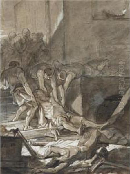 A Group Of Men Pulling A Corpse From A Mass Grave Oil Painting by Jean-baptiste Deshays