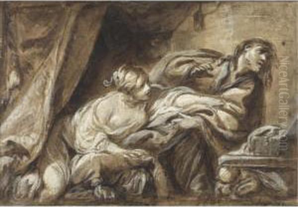 Joseph And Potiphar's Wife Oil Painting by Jean-baptiste Deshays