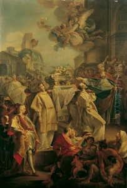 Henri , Zugeschrieben Der 
Langobardenkonig Liutprand Uberfuhrt Die Von Den Sarazenen Bedrohten 
Reliquien Des Hl. Augustinus Von Cagliari Nach Pavia. Ol Auf Leinwand . H
 135; B 90 Cm. Vers Oil Painting by Jean-baptiste Deshays