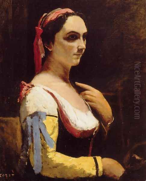 Italian Woman with a Yellow Oil Painting by Jean-Baptiste-Camille Corot