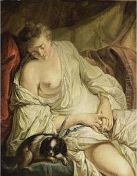 A Half-naked Lady Reclining Together With A Dog ('la Fidele Surveillante') Oil Painting by Jean-baptiste Deshays