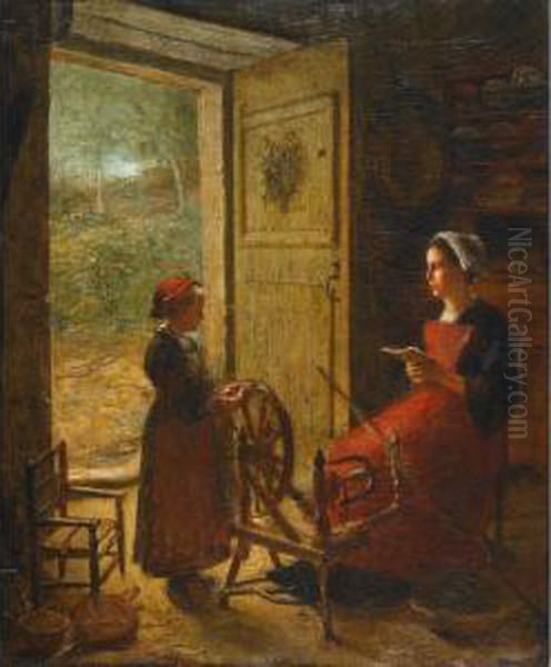 Breton Spinner And Young Girl In A Country Kitchen Oil Painting by Louis Marie Desire-Lucas