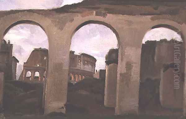 The Colosseum, seen through the Arcades of the Basilica of Constantine, 1825 Oil Painting by Jean-Baptiste-Camille Corot