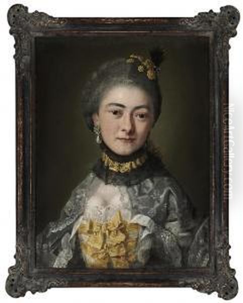 Portrait Of A Lady, Bust-length, In A Grey Dress With Yellow Trim,and Pearl Earrings Oil Painting by Georg Desmares