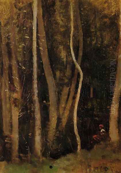 Figures in a Forest Oil Painting by Jean-Baptiste-Camille Corot