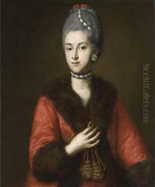 A Portrait Of Maria Anna Grafin 
Von Capris (1746-1818), Wearing A Red Coat With A Fur Trim And Mother Of
 Pearl Jewellery, Holding A Rope Oil Painting by Georg Desmares