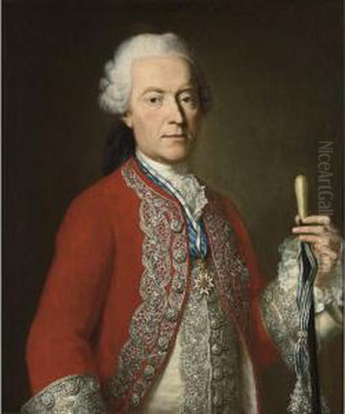 A Portrait Of Andreas Graf Von 
Capris (1717-1776), Standing Half-length, Wearing An Elaborate Red Coat 
And The Bavarian Order Of St. George Oil Painting by Georg Desmares