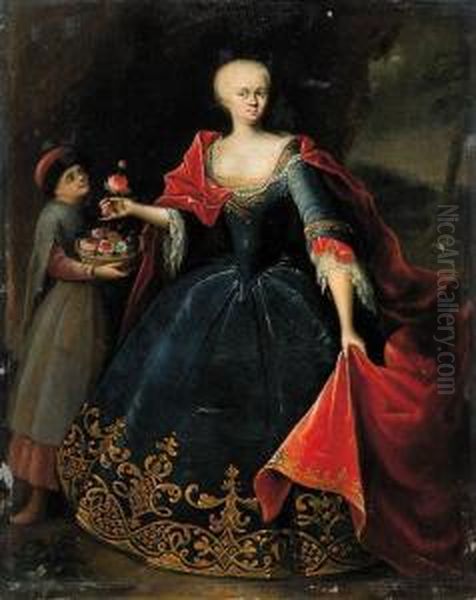 Portrait Of A Noblewoman, 
Standing Small Full Length, Wearing Agold Embroidered Blue Dress With 
Lace Chemise And Red Cape, Aservant Standing Nearby, Holding A Basket 
With Flowers, In Alandscape Oil Painting by Georg Desmares