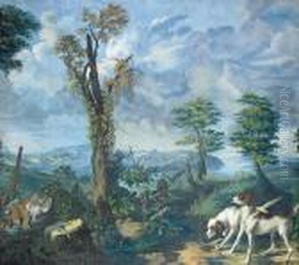 Two Hounds In A Landscape Oil Painting by Alexandre-Francois Desportes