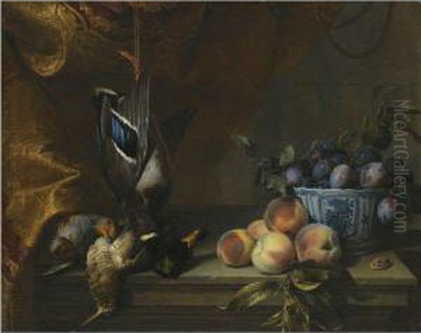 Still Life Of Plums In A Blue 
And White Porcelain Bowl Togetherwith Peaches,a Partridge And A Woodcock
 And A Hanging Mallard, Allon A Stone Ledge With A Red And Gold Brocade 
Hanging To Theleft Oil Painting by Alexandre-Francois Desportes