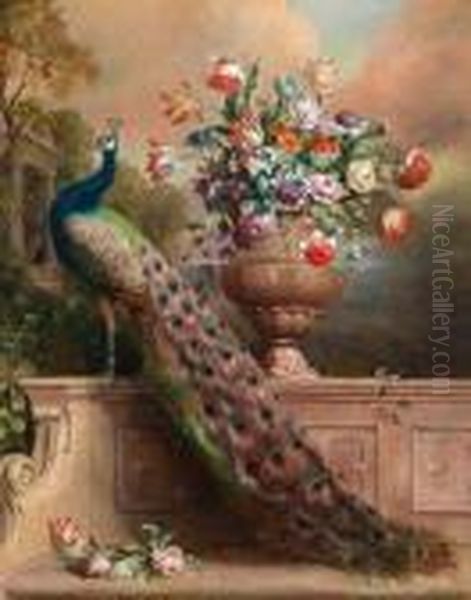 Umkreis Einpfau Und Ein 
Blumenstraus In Einer Vase Auf Einer Steinbank Ineinem Schlosspark Oil Painting by Alexandre-Francois Desportes