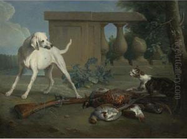 A Hound Protecting A Bag Of Game From A Cat Oil Painting by Alexandre-Francois Desportes