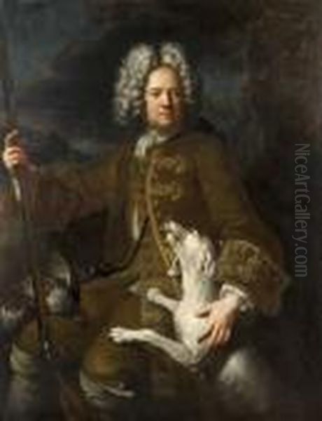 Portrait De Monsieur Paris, 
Fermier General Du Dauphine, En Chasseur, Sur Fond De Paysage Oil Painting by Alexandre-Francois Desportes