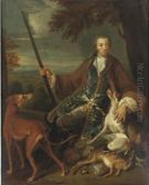 Portrait Of A Young Gentleman, 
Full-length, In A Hunting Dress With His Hounds In A Landscape Oil Painting by Alexandre-Francois Desportes