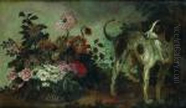 Nature Morte Au Panier De Fleurs Et Chien De Chasse Oil Painting by Alexandre-Francois Desportes