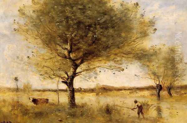 Pond with a Large Tree Oil Painting by Jean-Baptiste-Camille Corot