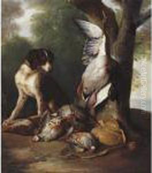 Still Life Of Game Birds And A Dog In A Landscape Oil Painting by Alexandre-Francois Desportes