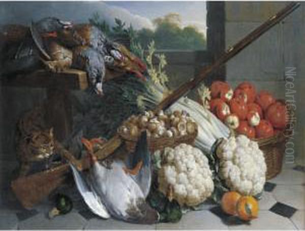 A Still Life Of Game With A 
Musket, Baskets Of Apples And Mushrooms, A Bunch Of Celery, Two 
Cauliflowers And A Cat Oil Painting by Alexandre-Francois Desportes