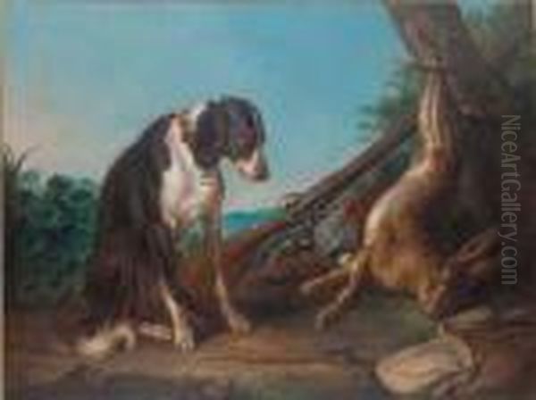 A Dead Hare And Game Birds In A Clearing With A Rifle And A Dog Oil Painting by Alexandre-Francois Desportes