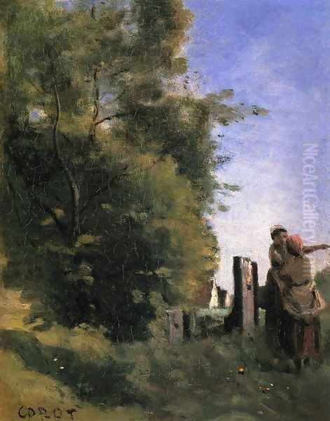 Two Women Talking by a Gate Oil Painting by Jean-Baptiste-Camille Corot