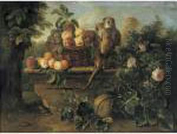 Still Life With A Monkey And A 
Basket Of Fruit All Resting On A Ledge With A Landscape Beyond Oil Painting by Alexandre-Francois Desportes