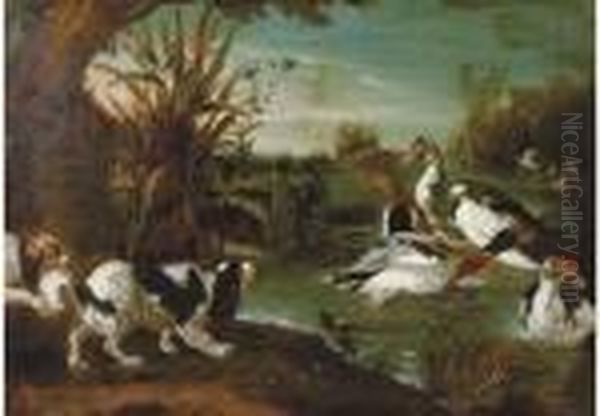 Spaniels Threatening Ducks In A River Landscape Oil Painting by Alexandre-Francois Desportes