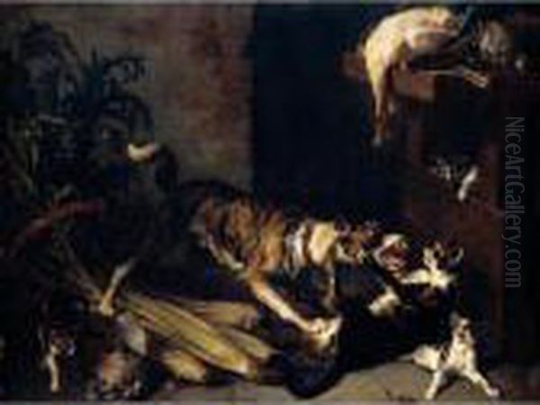 A Dog And A Cat Fighting In A Kitchen Interior Oil Painting by Alexandre-Francois Desportes