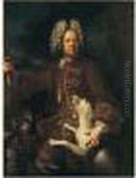 Portrait De Monsieur Paris, Fermier General Du Dauphine, En
 Chasseur, Sur Fond De Paysage Oil Painting by Alexandre-Francois Desportes