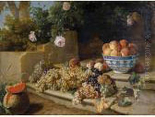 Still Life Of Grapes, Peaches In
 A Blue And White Porcelain Bowl And A Melon, Resting On A Stone 
Stairway Oil Painting by Alexandre-Francois Desportes