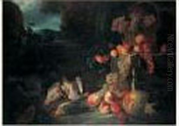 Nature Morte Au Panier De Raisins, Abricots,peches Et Perdrix Sur Fond De Paysage Oil Painting by Alexandre-Francois Desportes