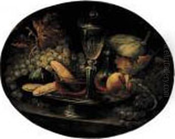 Grapes, A Fig, Breadrolls, 
Wineglasses And A Peach On A Pewter Plate With Grapes And A Melon On A 
Stone Ledge Oil Painting by Alexandre-Francois Desportes