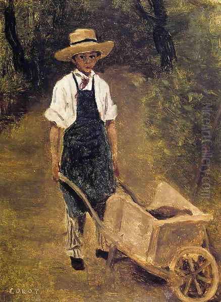 Octave Chamouillet Pushing a Wheelbarrow in a Garden Oil Painting by Jean-Baptiste-Camille Corot