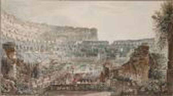 Capriccio View Of The Colosseum, Rome, With Pilgrims Gathering Before Altars Oil Painting by Louis Jean Desprez