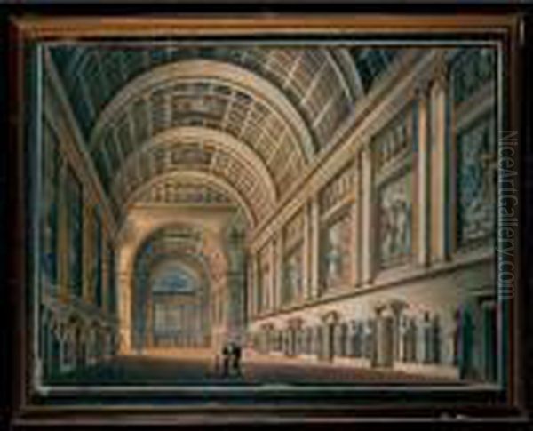 Interno Di Una Galleria Con 
Figure Corredata Da Busti Antichi Su Piedistalli Al Di Sotto Di Tele Di 
Soggetto Storico Inserite In Una Elaborata Decorazione Architettonica 
Con Doppie Lesene E Stucchi Oil Painting by Louis Jean Desprez