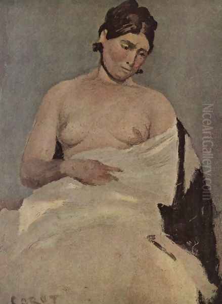 Seated Woman with chest Oil Painting by Jean-Baptiste-Camille Corot