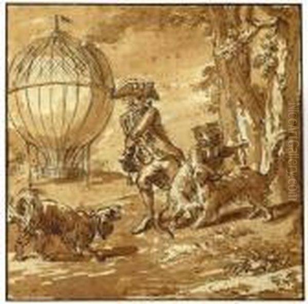 Entre Chiens Et Chats Devant Un Ballon Oil Painting by Claude Louis Desrais