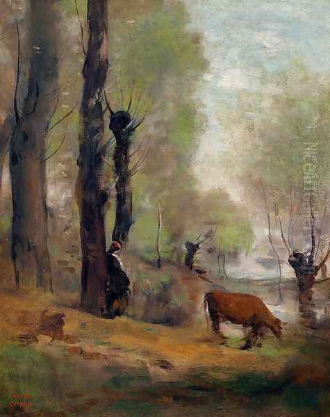 Peasant Woman Watering Her Cow Oil Painting by Jean-Baptiste-Camille Corot